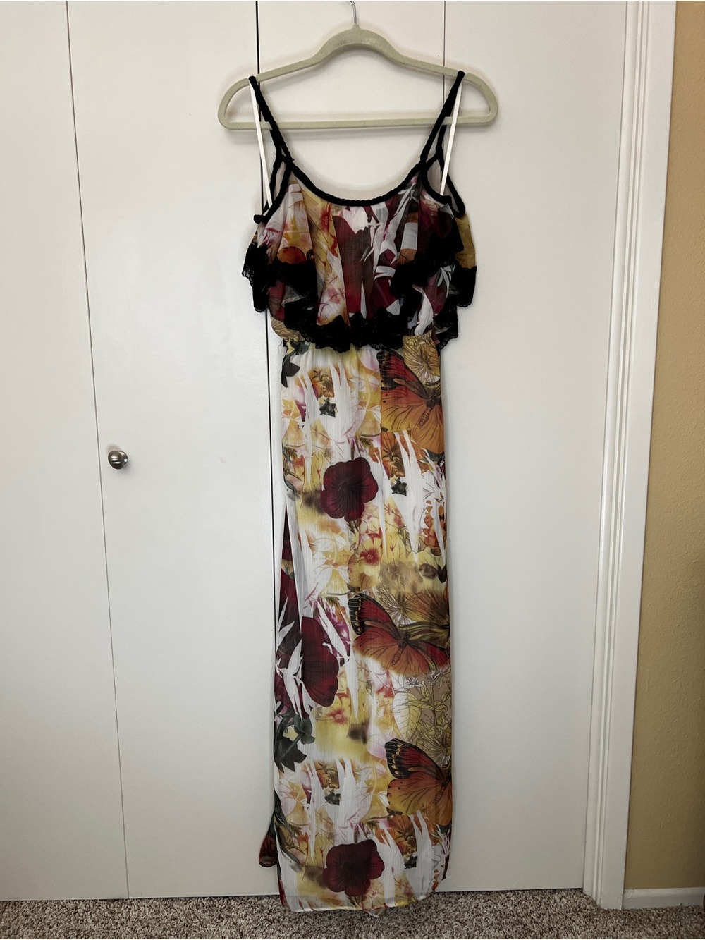 Arden B Butterfly & Floral Maxi Dress in White, Gold, Burgundy